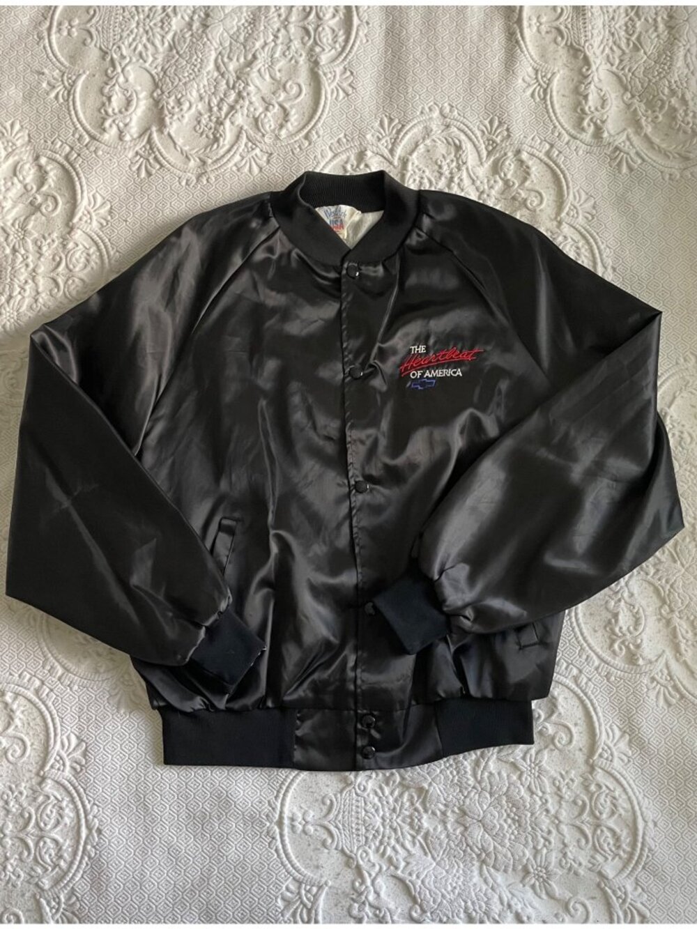 Vintage 1980s Chevy Heartbeat of America Black Nylon Bomber Jacket Men’s Size XL
